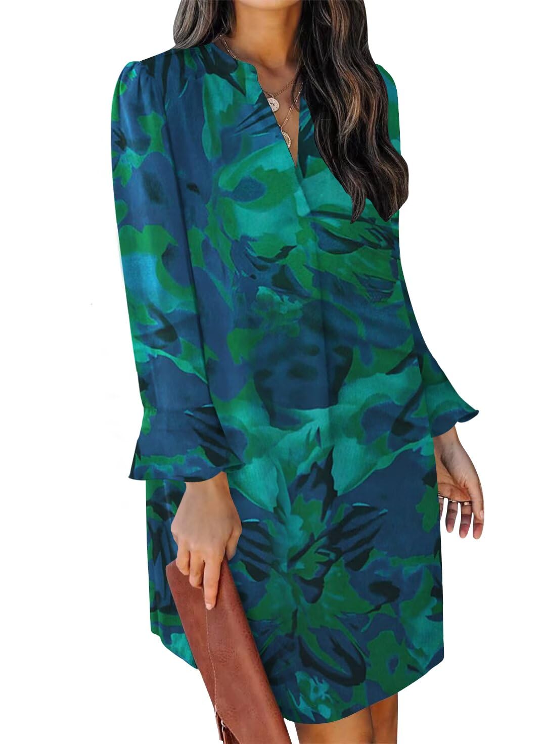 QACOHU Women's Fall Long Ruffle Sleeve V Neck Shift Dresses