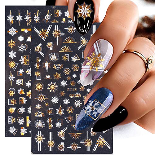 Christmas Nail Stickers, 3D Metal Gold Snowflake Nail Decals Metallic Gold White Snowflake Elk Snowman Santa Claus Tree Christmas Bell Xmas Winter Nail Art Design Diy Nail Decoration For Women Kids(8Sheets) #TOP2