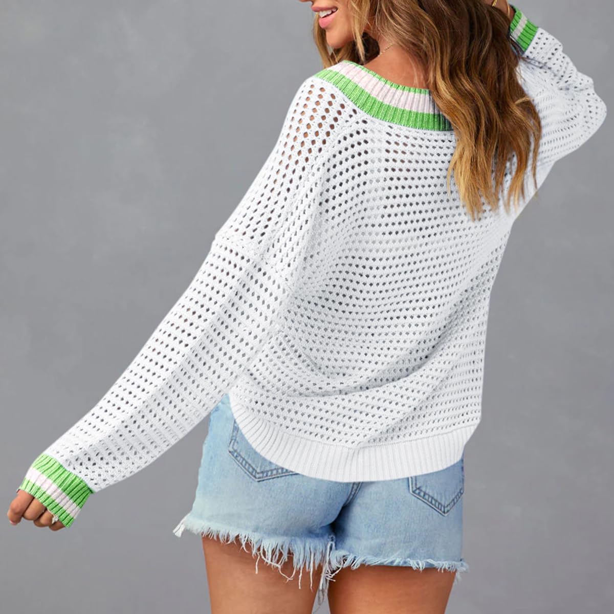 Aoudery Womens Varsity V Neck Long Sleeve Tennis Sweater Casual Crochet Hollow Out Knit Tops Pullover Shirts Beach Coverup