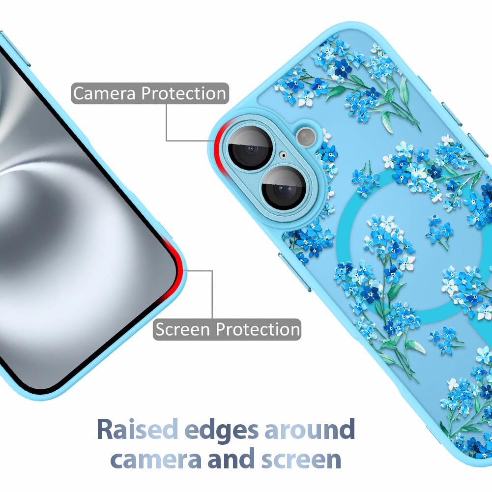 AIGOMARA Custodia per iPhone 16 Plus [compatibile con MagSafe] blu motivo floreale design morbido TPU paraurti posteriore rigido in policarbonato anti-caduta antiurto sottile custodia magnetica con