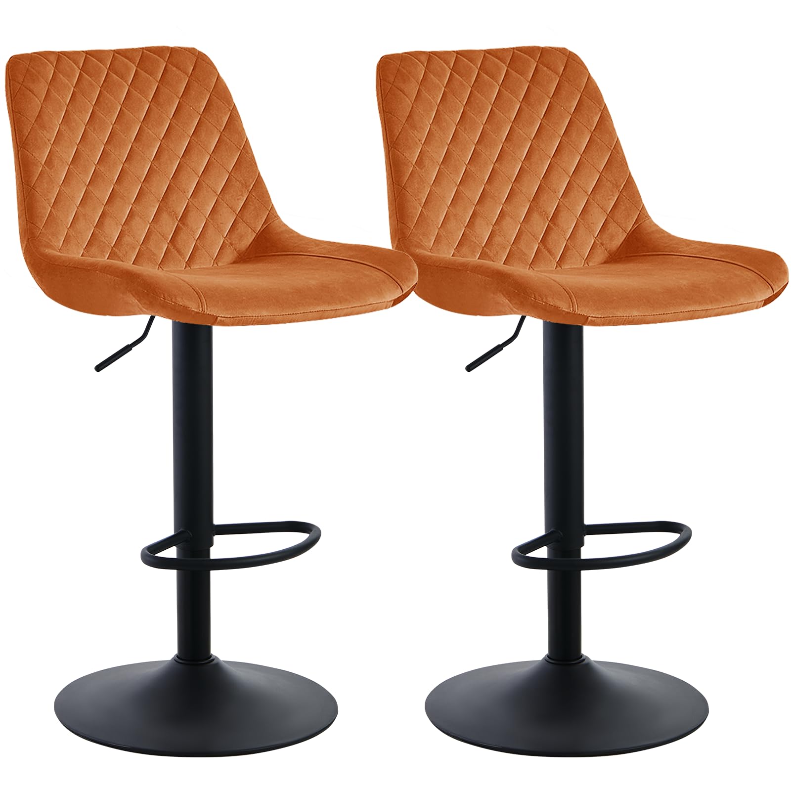 JaHECOME Velvet Orange Bar Stools Set of 2- Modern Swivel Height Adjustable Barstools with Black Metal, Armless Large Padded Cushion Breakfast Counter Chairs for Kitchen Island, Pub, Restaurant, Café