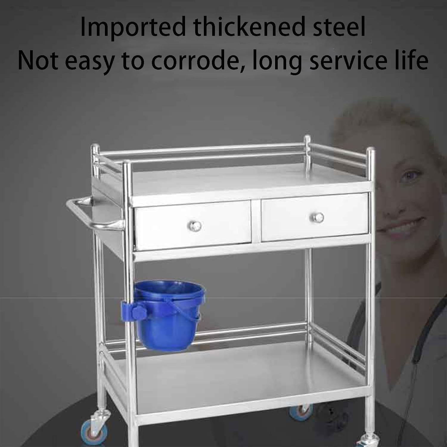 Medical Cart, Lab Rolling Cart 3 Shelves Shelf Stainless Steel Rolling Cart, With Dirt Bucket & Drawer Spacious Beauty Salon Rolling Cart, for Hospital Dental Clinic Home (Double Drawer 66x44cm(26x17.