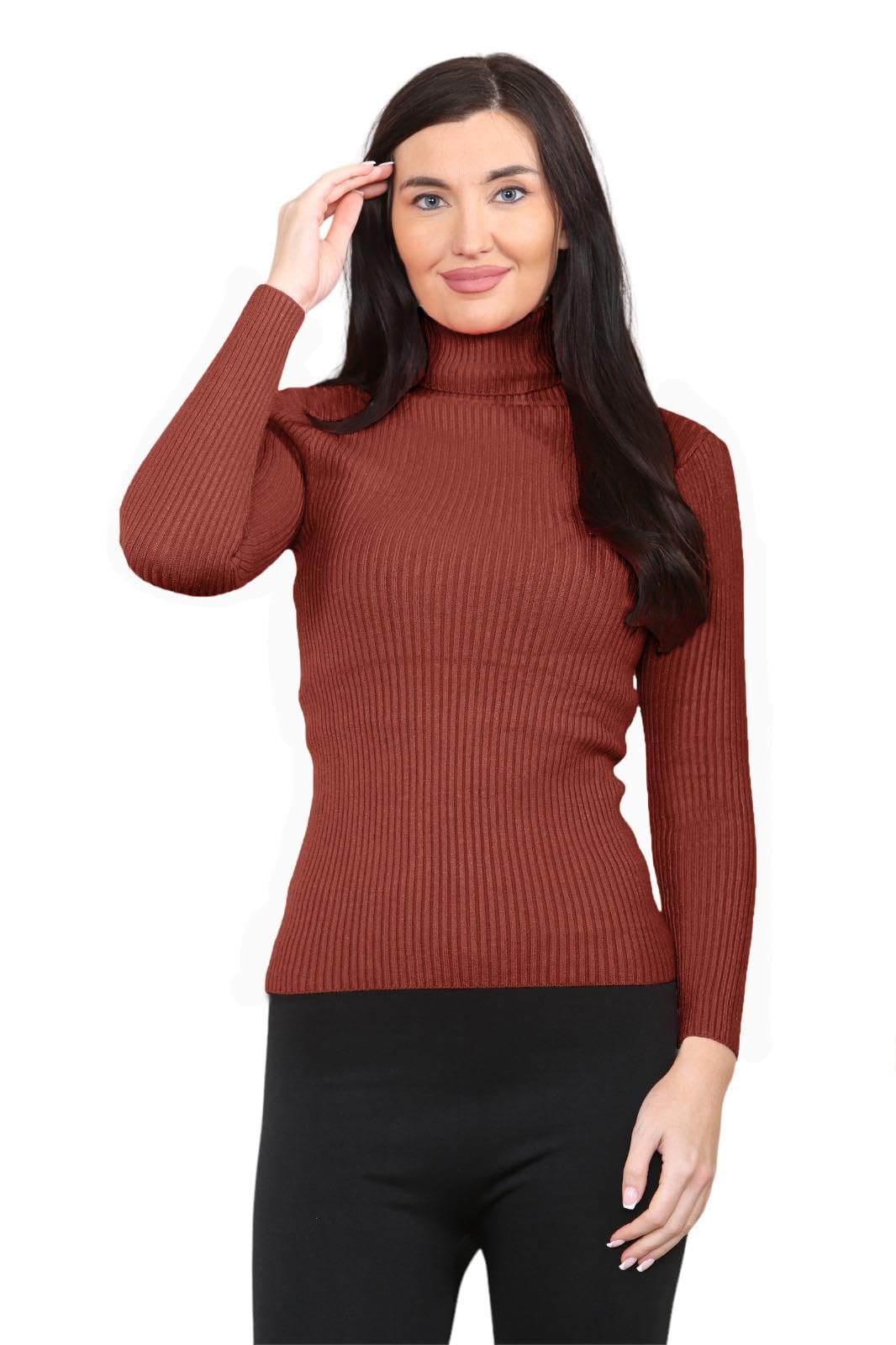 GOSTYLES® Women's Ribbed Knitted High Polo Roll Neck Jumper, Ladies Casual Smooth Stretchy Pullover Knit Turtleneck Plain Sweater Top (Rust, 12)