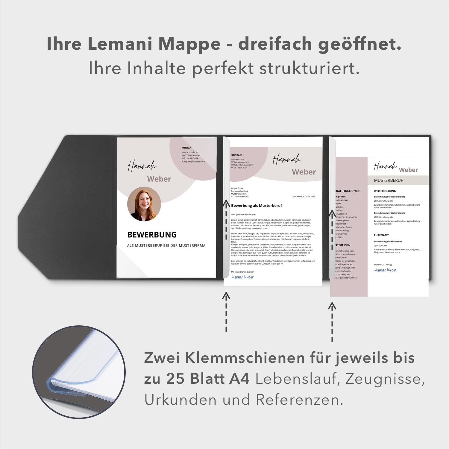 4 Stück vierteilige Bewerbungsmappen Lemani® PREMIUM in 'dark grey' mit 2 Klemmschienen - Premium-Qualität von deutschem Hersteller - mit hochwertiger Prägung 'Bewerbung'