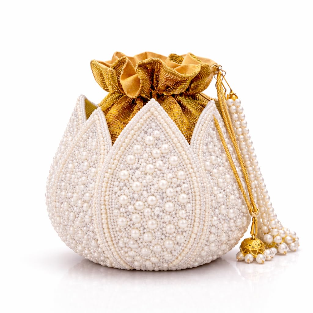 Pearl Potli Bag White Lotus Designer Potli Bags for Wedding, Gold Potli Bag Style Golden Drawstring Potli Purse, Luxury Potli Bags Potli Clutch with Pearl Handle Tassels for Women-image-5