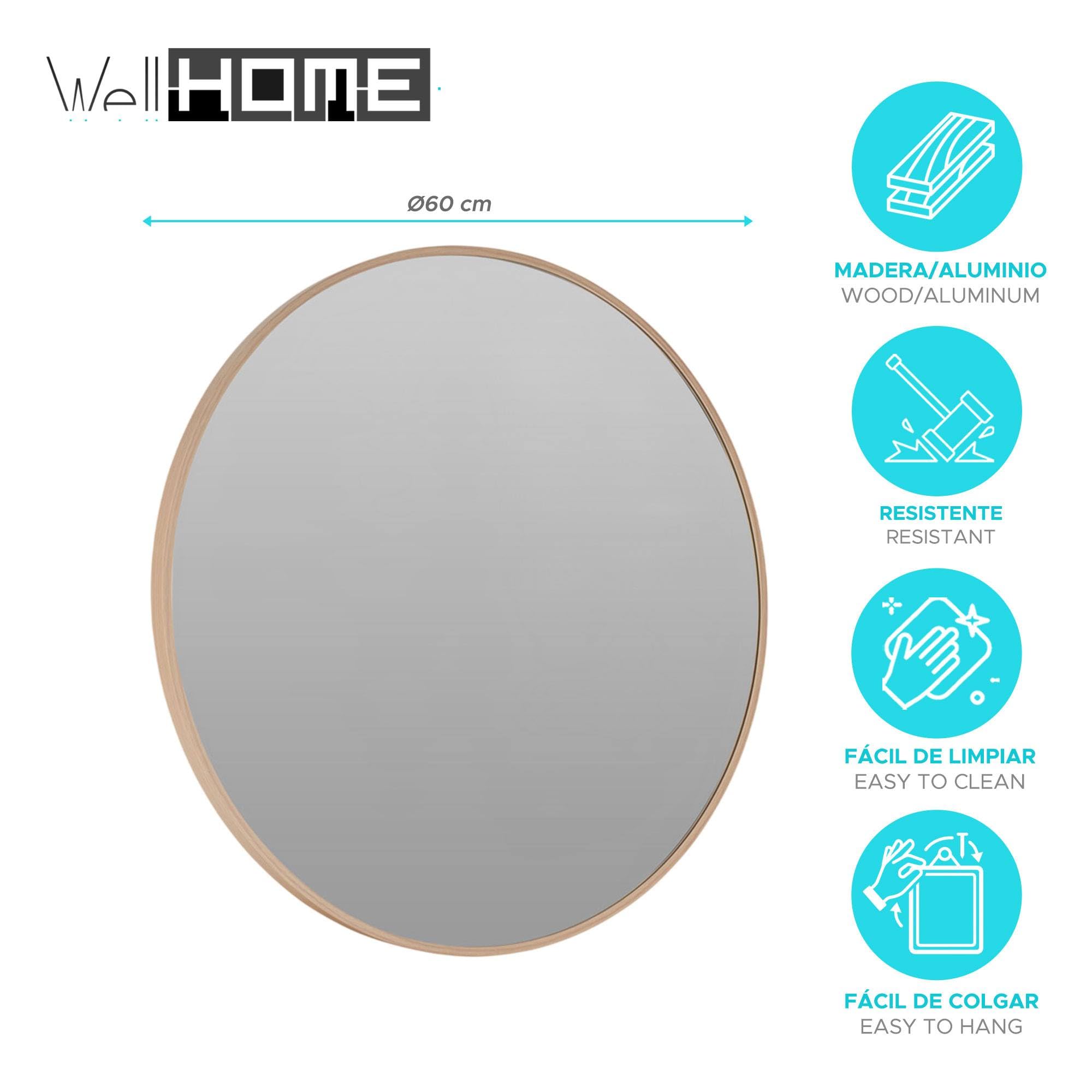 Well Home Espejo Redondo Ø60cm Marco de Madera Clara, con Gancho Trasero, Ideal para recibidor o baño
