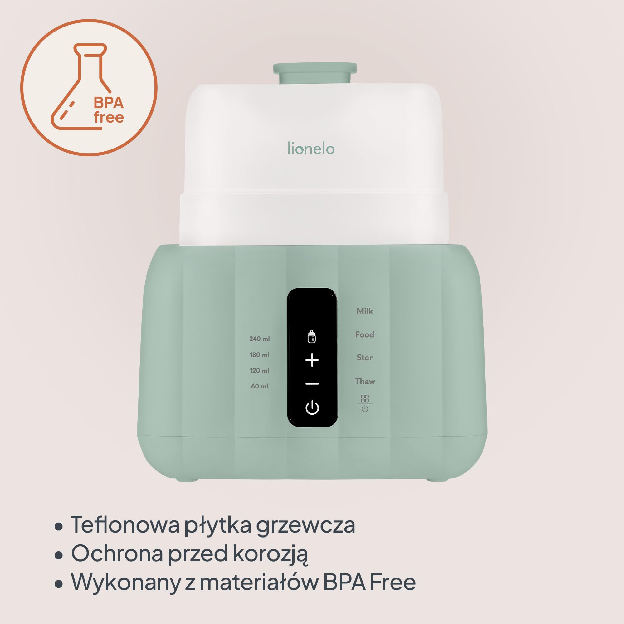Lionelo Thermup Duo, elektryczny podgrzewacz do butelek 6 w 1 z podwójną komorą, ogrzewaniem mleka i kleiku, bezpieczne i szybkie rozmrażanie, sterylizacja, utrzymanie ciepła, panel dotykowy, bez BPA