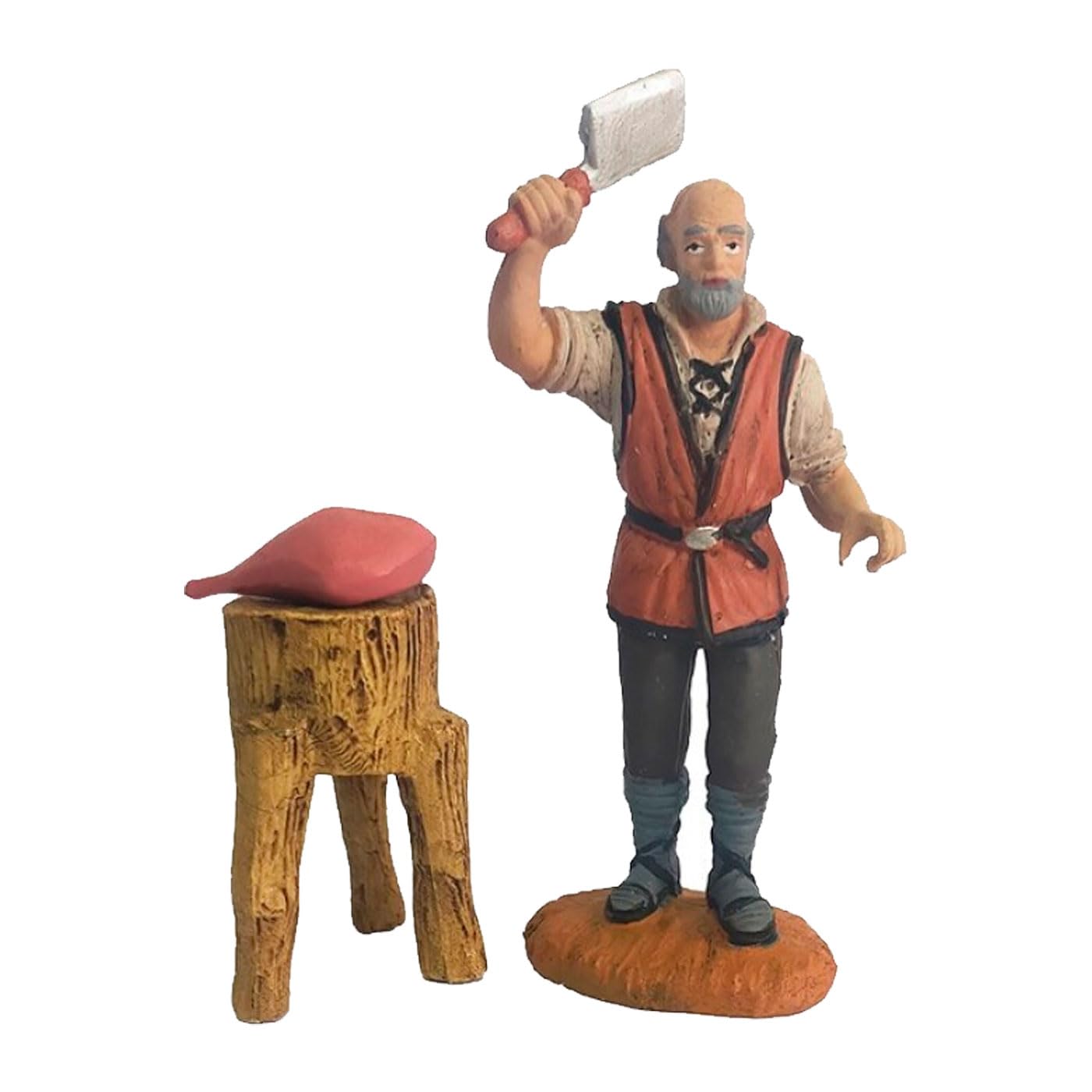 Tradineur - Figura de Carnicero con Pilón y Carne par belén - Fabricado en Marmolina -Adorno Divertido para Nacimiento, Navidad, decoración Tradicional - Altura Aprox.: 10 cm