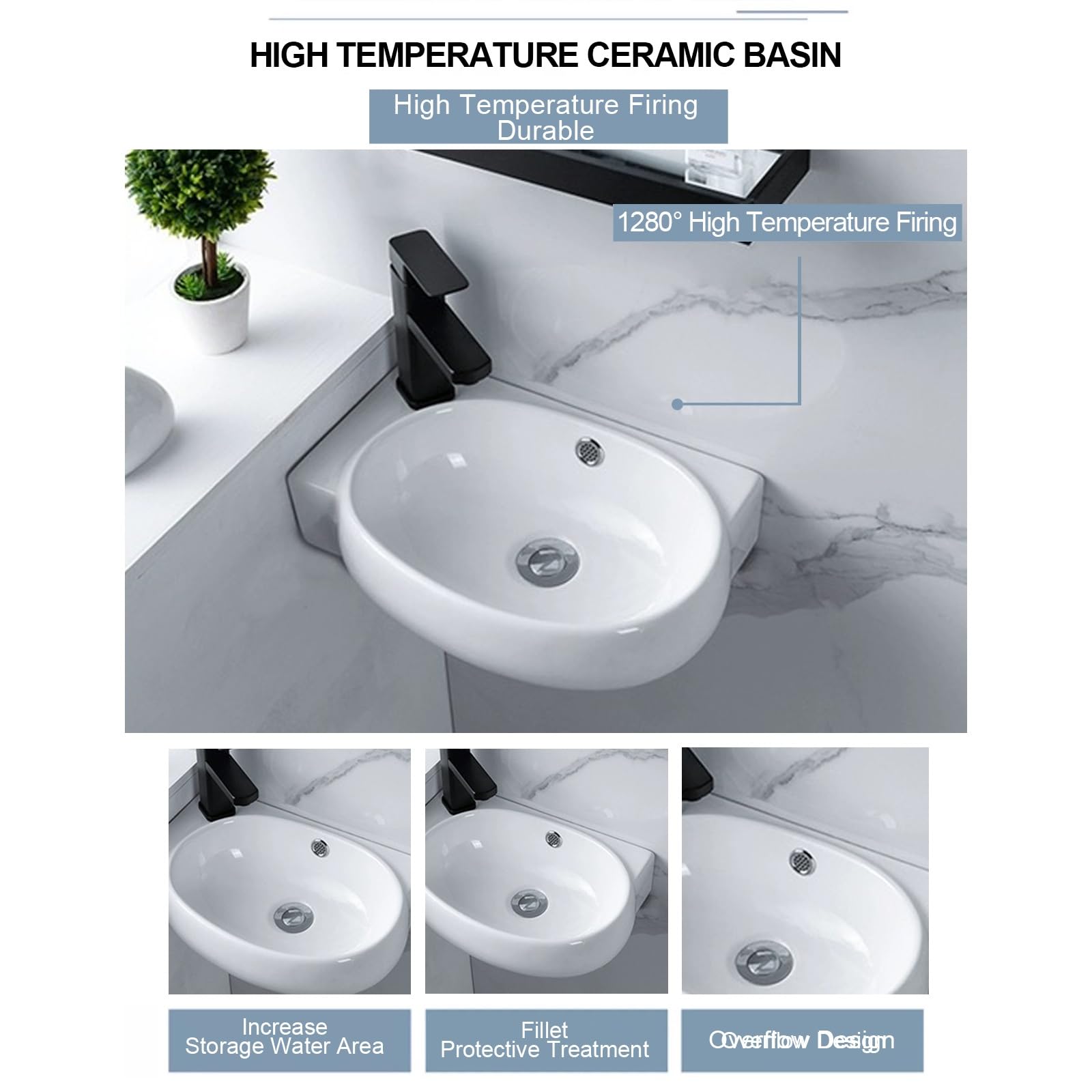 Lavello In Ceramica Angolare Per Bagno - Bianco, 45x32x12,5 Cm, Con Foro Rubinetto E Troppopieno