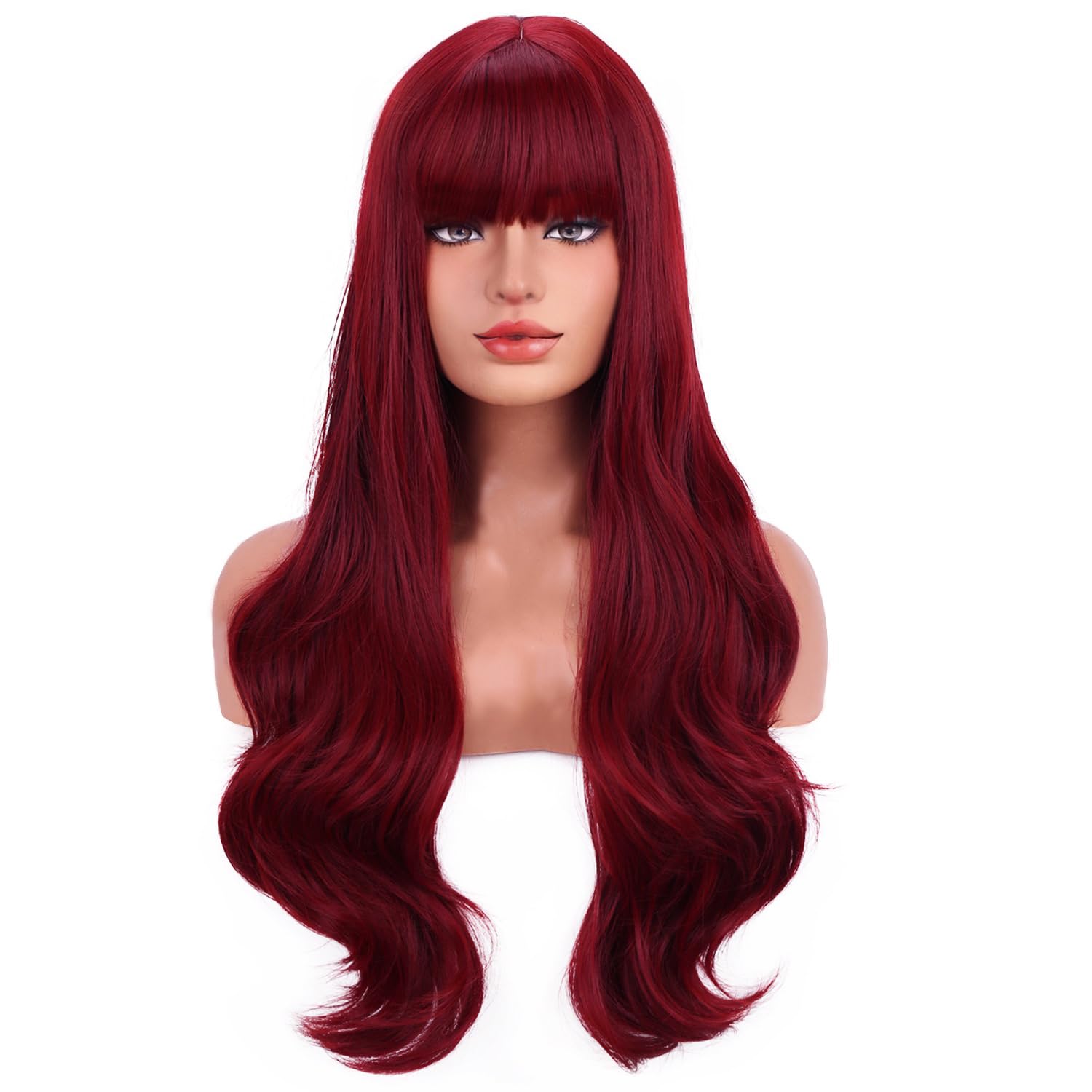 Amazon.com: BERON Red Wig Long Wavy Wig with Bangs for Women  display picture 1