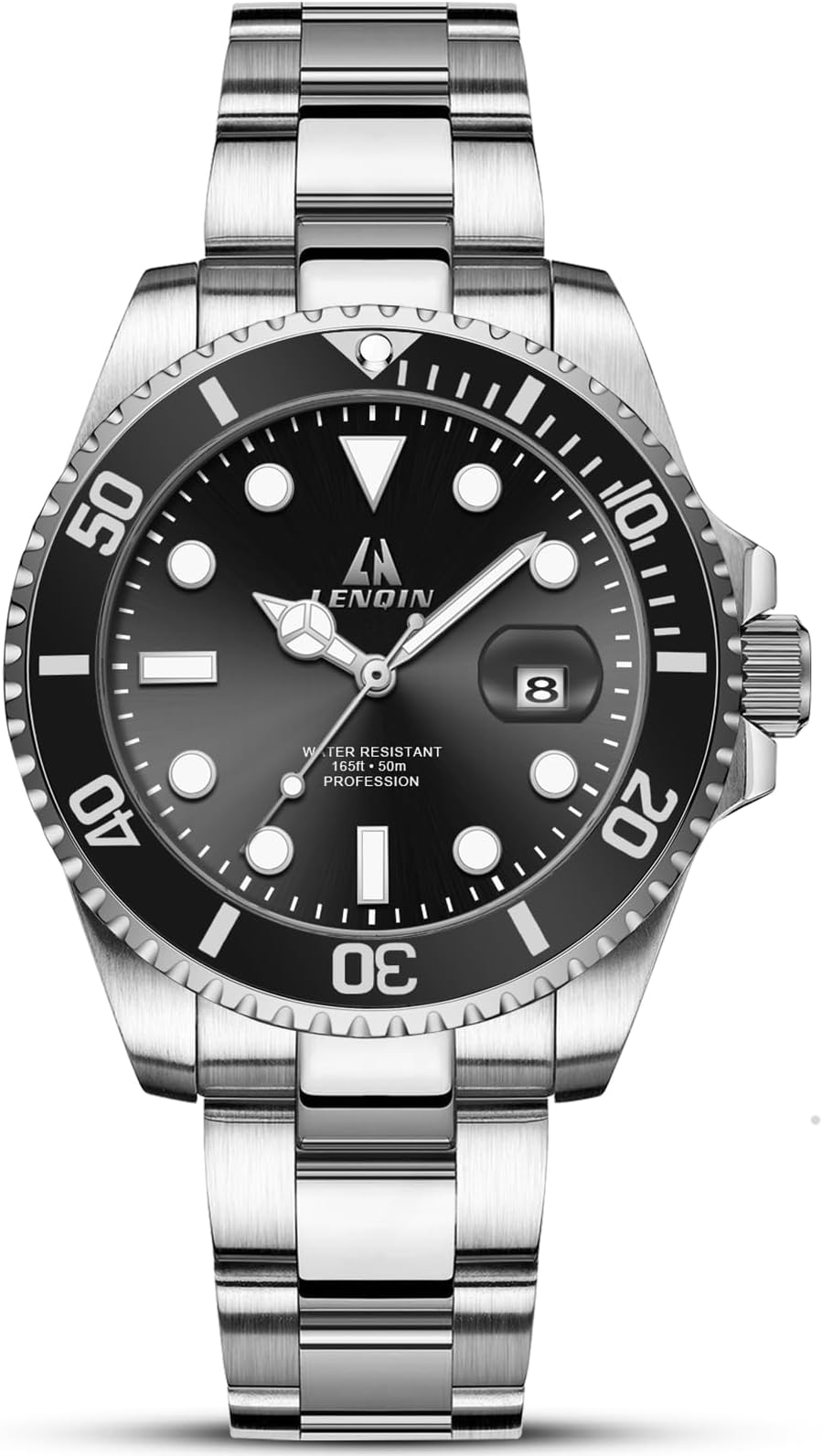 LN LENQIN Mens Watches Stainless Steel Waterproof Analog Quartz Watch for Men with Date Luminous Fashion Wristwatch, A2-0341A-Silver Black, 0341A-Silver Black