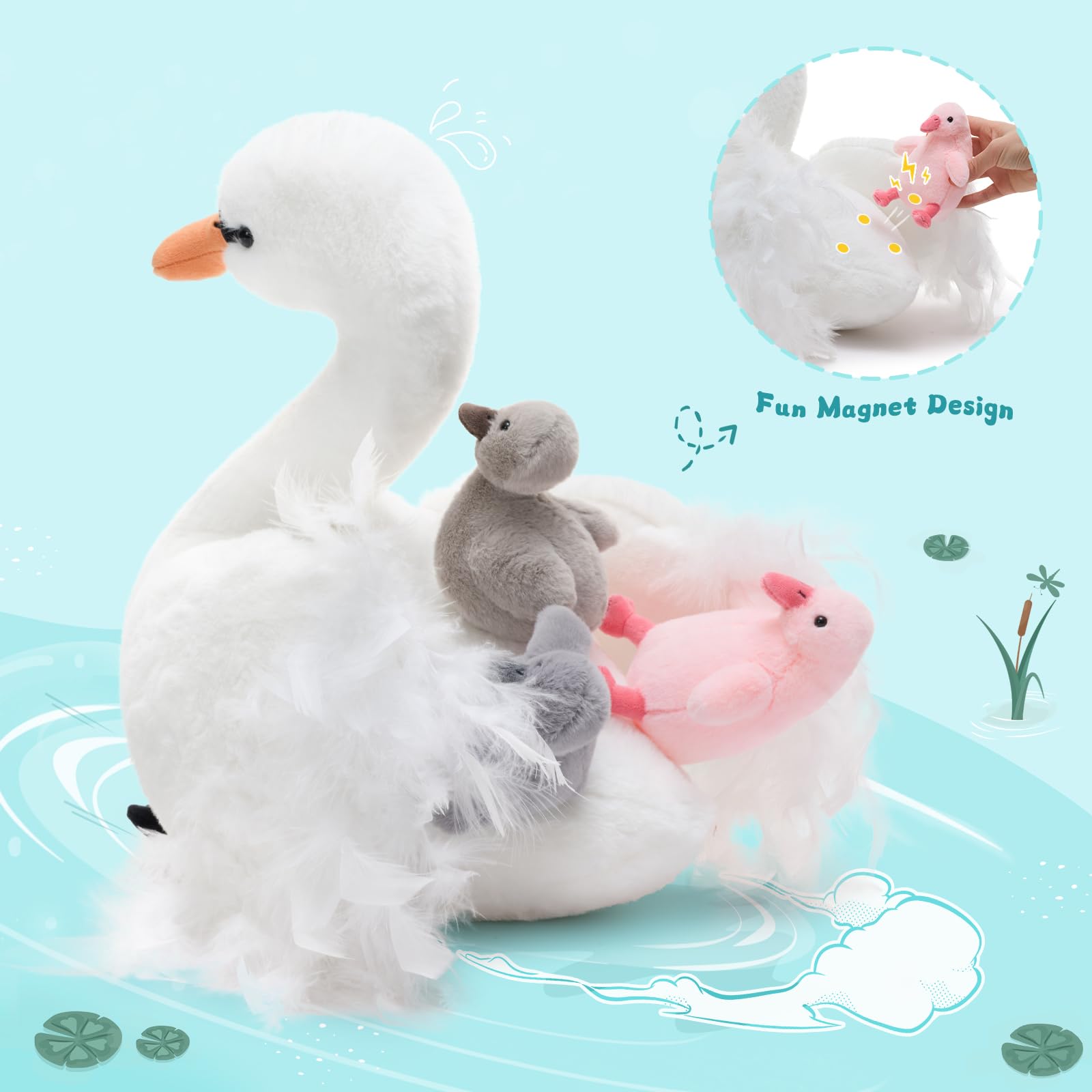 MorisMos Big Swan Teddy Soft Toy, 40cm Cuddly Fluffy Mommy with 3 Babies Inside, Plush Stuffed Animal Teddy Gift for Kids Birthday Deco - 4