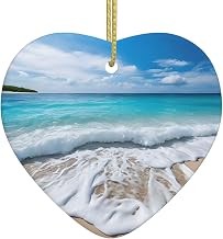 Serene Coastal Two-Side Printed Ceramic Christmas Ornament Heart Shape Gift for Xmas Couples, Wedding, Family Christmas Ornament Holiday Decorations 1PCS