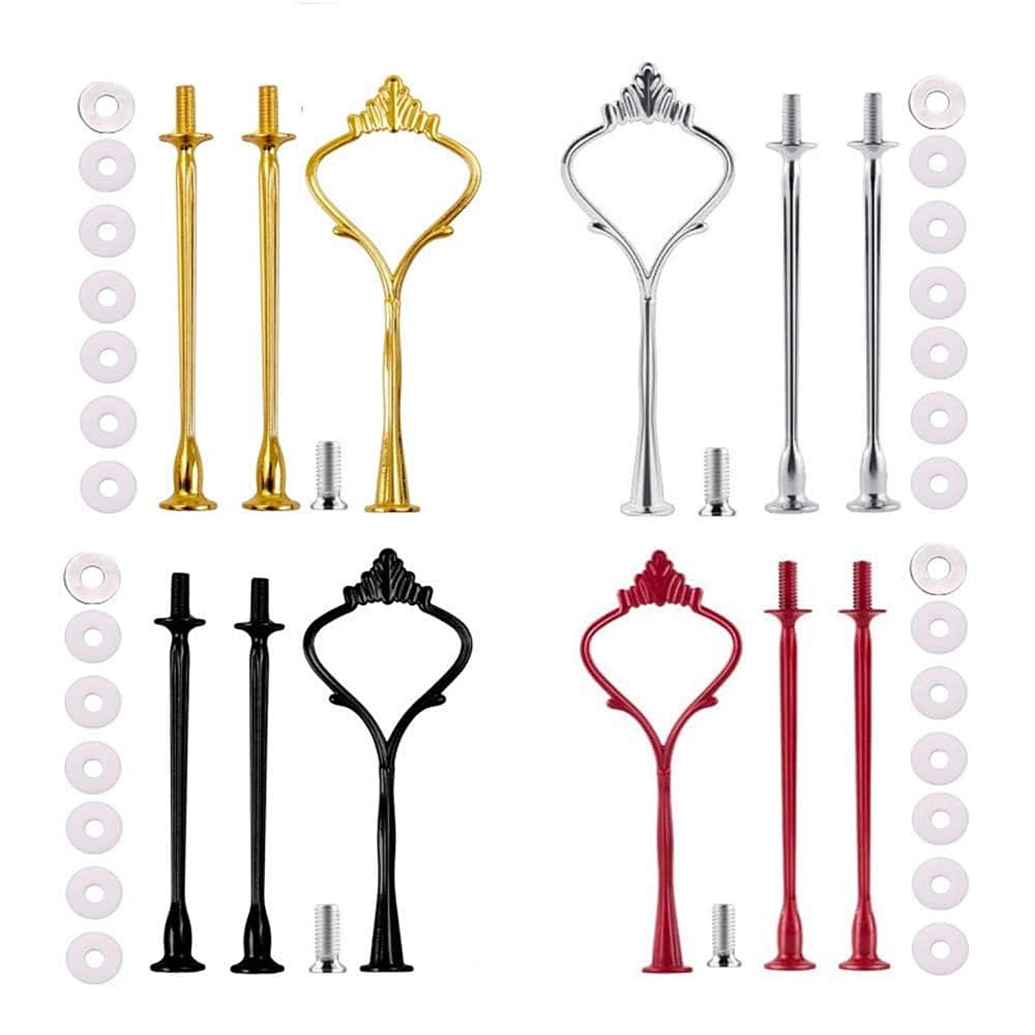 WHZAZGW 4 Sets of 3 Tier Cake Plate Stand Handle, Metal Fruit Cake Cupcake Plate Stand Handle Fitting Hardware, Crown Fittings (Sliver & Gold & Red &