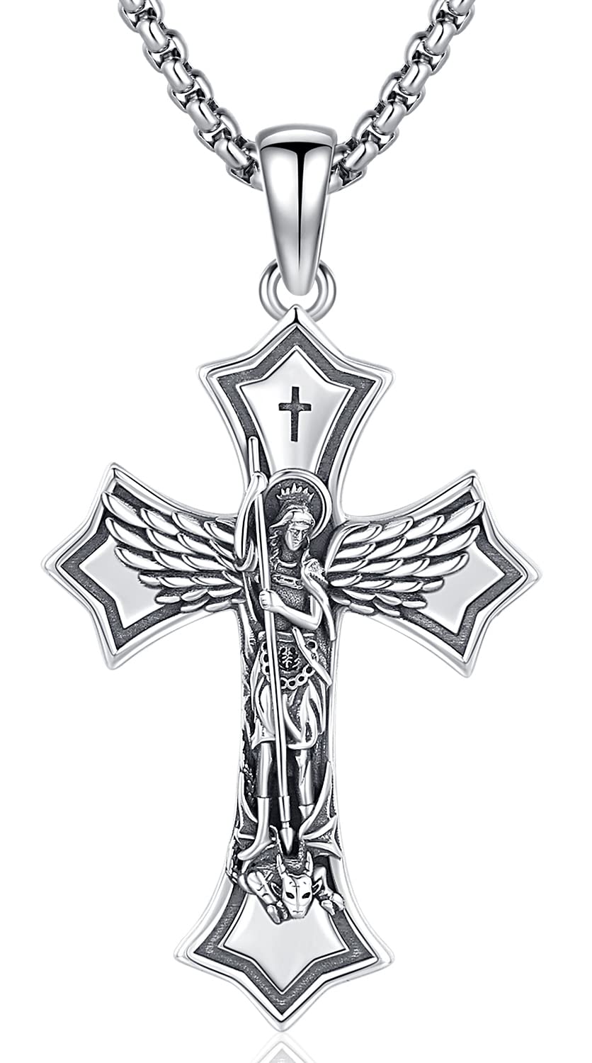 Collier Saint Michel/Saint Christophe/St Benoît Croix en Argent Sterling 925 Archange Pendentif Médaille Religieux Amulette Protection Bijoux pour Homme Femme