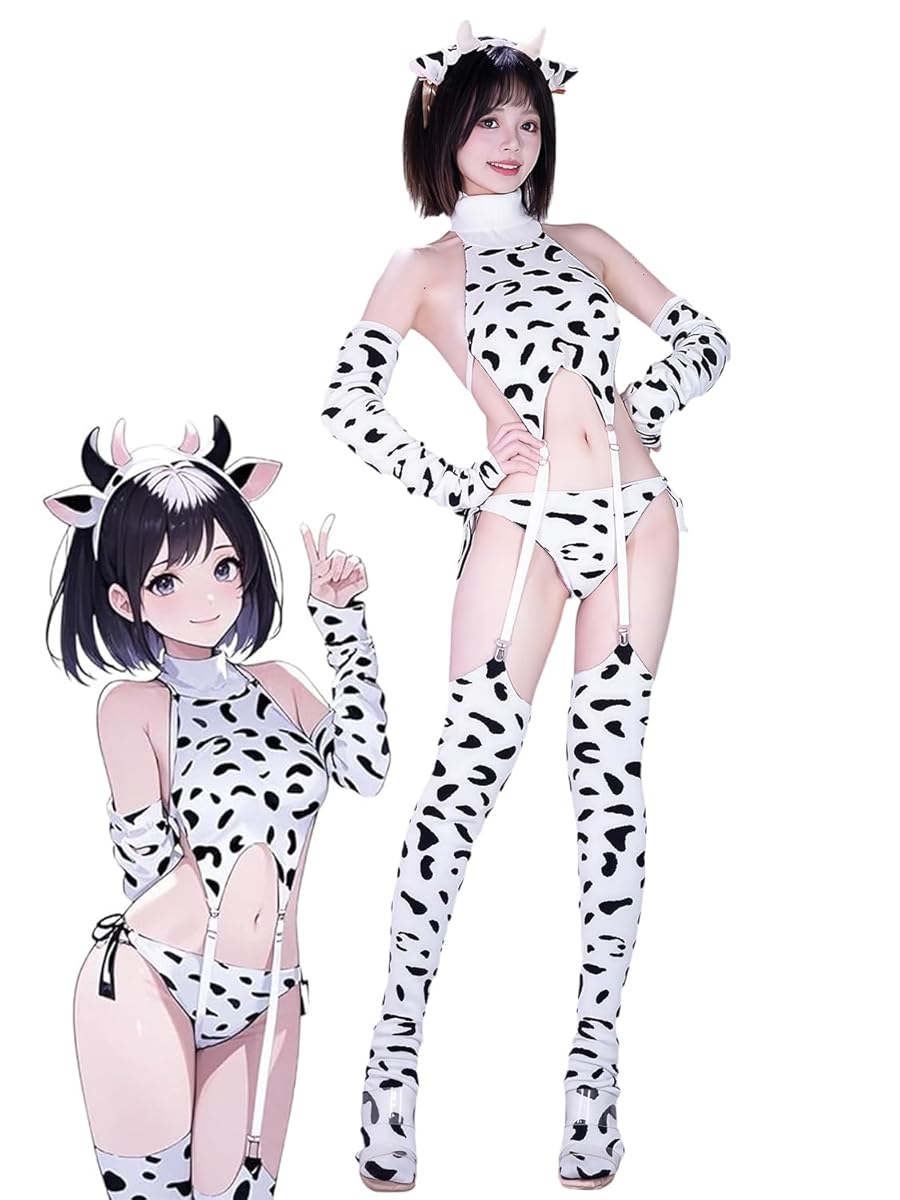 [SENMHS] 童貞を殺すセーター ロリータ風 ニット セクシー 高嶺女子風 ハイネック 背中あき 露出 トップス コスプレ 衣装 レディース ミルクカウ柄 トップスTバック アームカバー*2 ハイソックス*2 カチューシャ 7点 60kg対応
