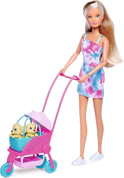 Simba Steffi Love Dog Buggy Doll with Stroller for Dogs and Two Dogs in Removable Carry Bag, Dog Accessory, 29 cm, Ages 3+