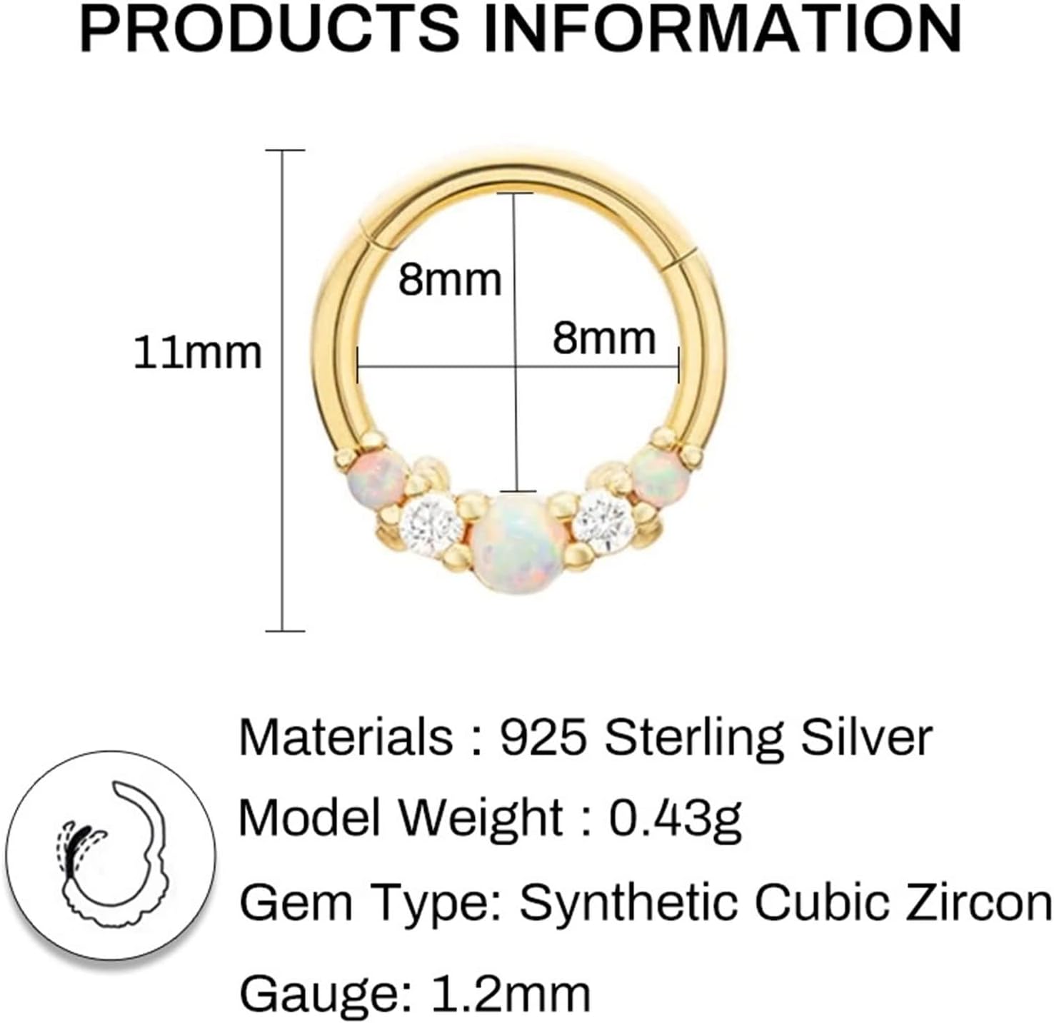 Daesar Nose Rings for Women 16G, 925 Sterling Silver Nose Ring Hoop Opal Cubic Zirconia Screw Nose Rings Gold, 1Pcs