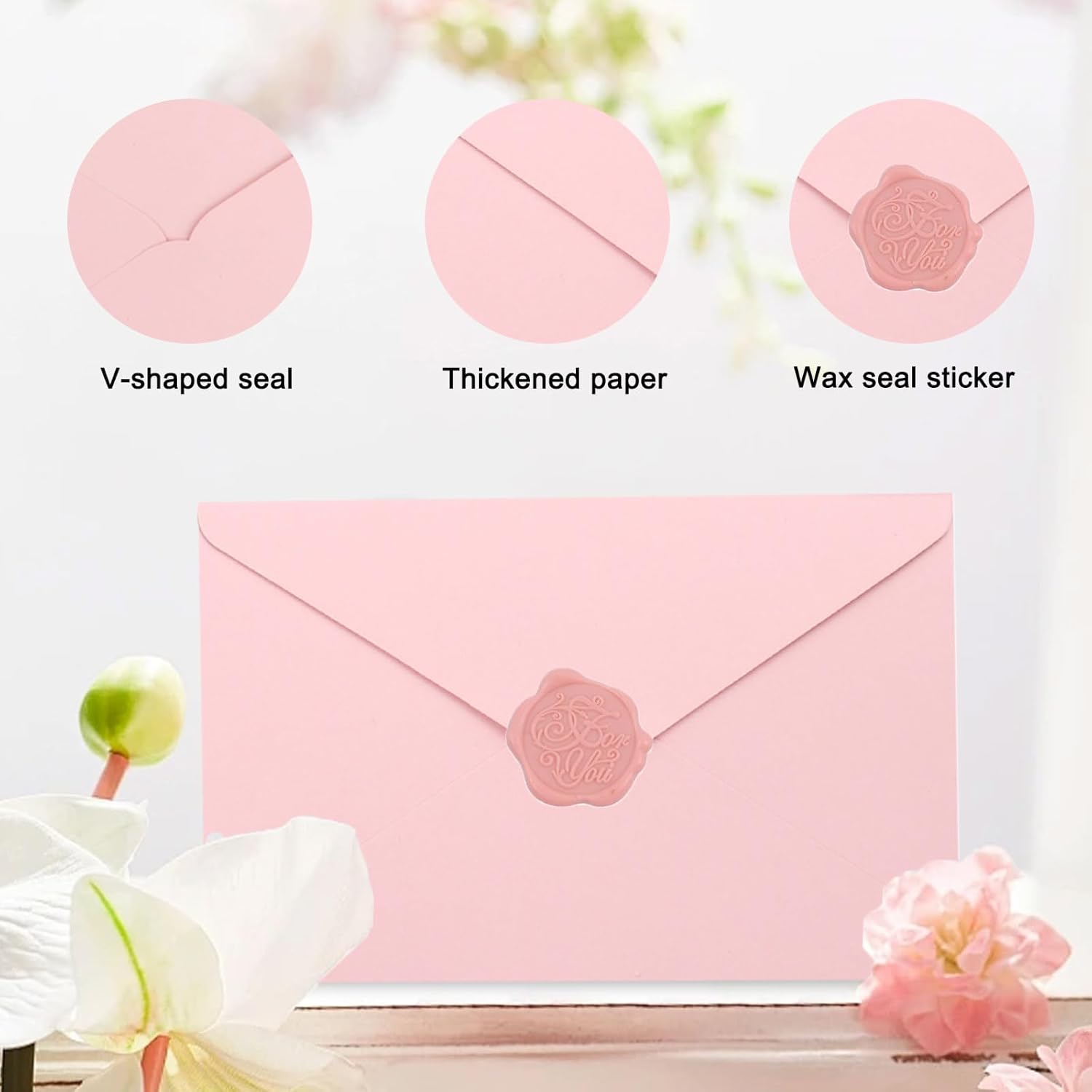 100 Pieces Pink Invitation Envelopes 5x7, Pink Pretty Envelope A7 with Wax Seal Sticker for Wedding Baby Shower Birthday Invite Card