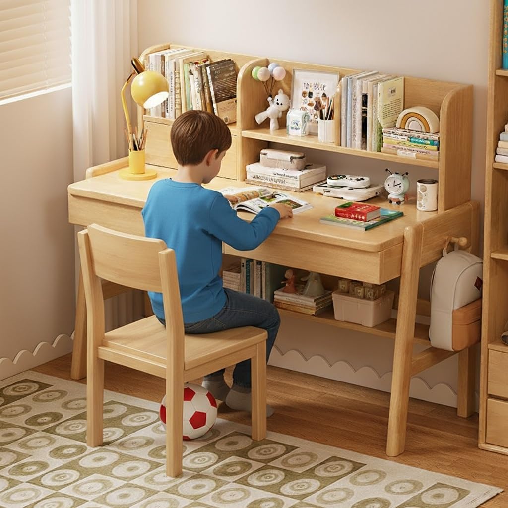 Kids Study Desk with Chair, Kids Desk and Chair Sets with Hutch and Storage Drawers, Wooden Children Study Table, Student Writing Table Computer Workstation for 5-12 Years Old(Wood Color)