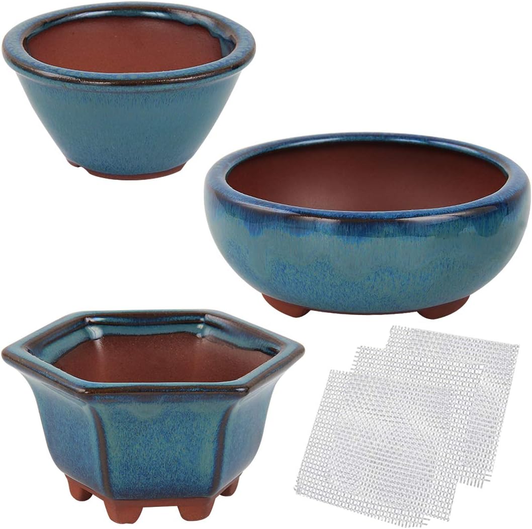kilolfy 3pc Small Glazed Pots Value Set + 3 Soft Mesh Drainage Screens