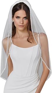 1 Tier Crystal Pearl Beaded Edge Bridal Wedding Veil Fingertip Length