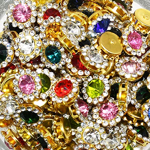 Yongsnow 100Pcs Multicolor Crystal Flower Shape Rhinestone Buttons Sew On Rhinestone Flatback Rhinestone Gold Base With Setting Claw Diy Garments Dress Headdress Embellishments (Mix Color) #TOP4