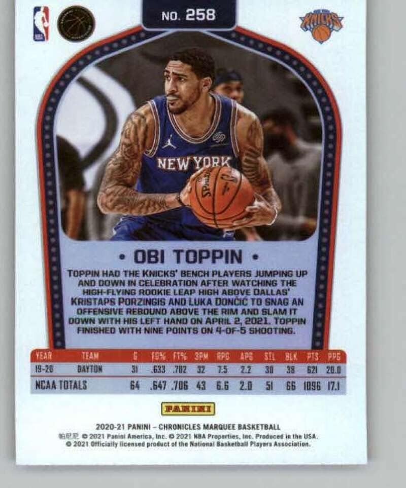 Miniatura 2 de 2020-21 Panini Chronicles #258 Obi Toppin RC Rookie New York Knicks NBA Basketball Trading Card