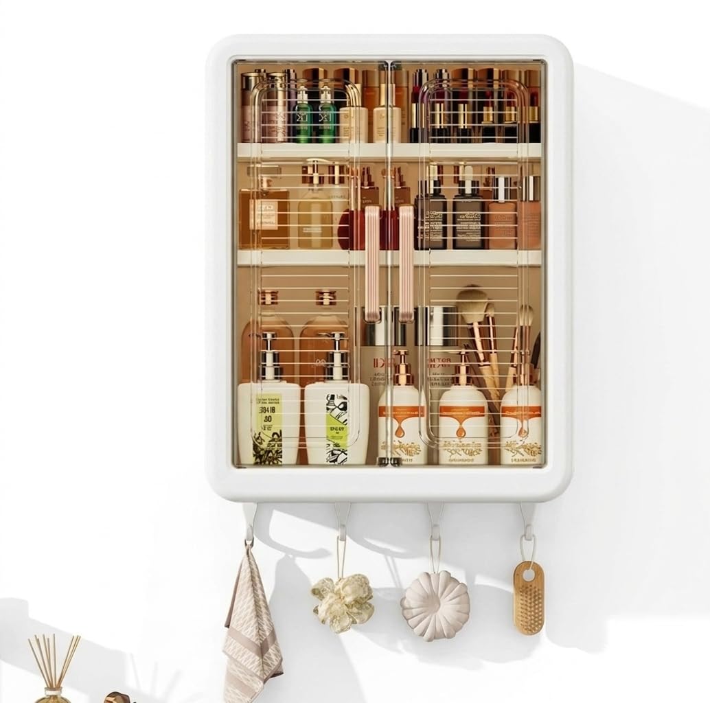 Mounted Bathroom Storage Cabinet with Doors | Self Adhesive Waterproof Plastic Organizer | Adjustable Shelves | No Drill Wall Rack for Bathroom, Kitchen & Laundry-image-48