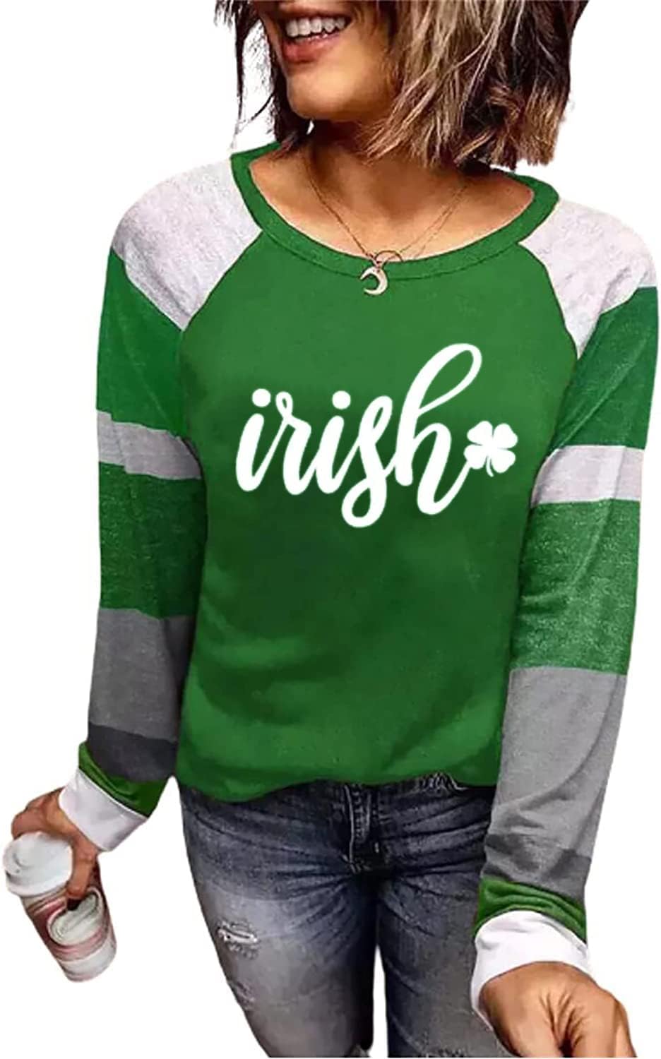 St. Patrick's Day Tshirt Women Distressed Clover Print Irish Shirt Splicing Long Sleeve Raglan Tees Baseball Tops