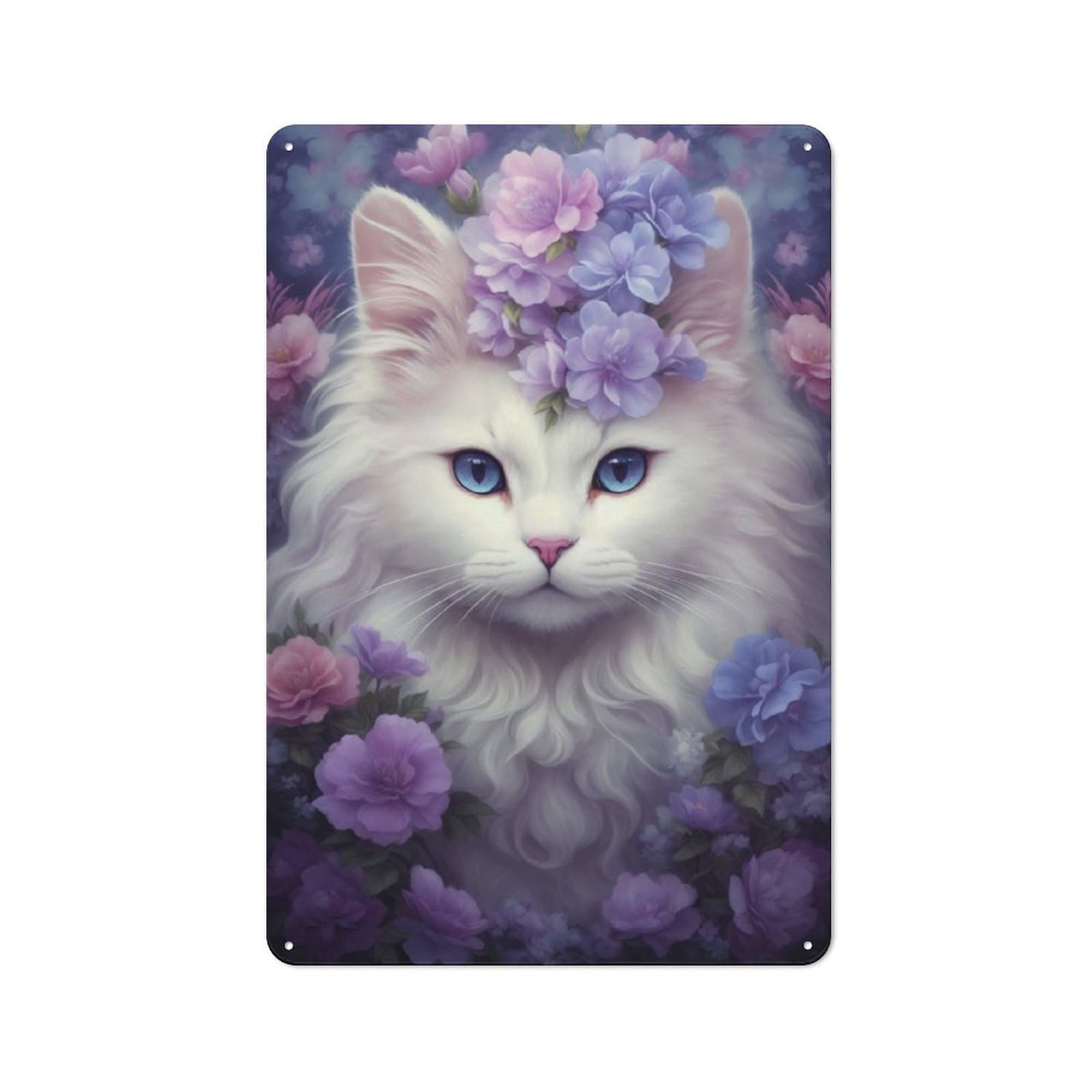 Junmoney Whimsical White Cat Printed Metal Sign 30X20cm For Café Or Restaurant, For Hospitality Interior Collectors