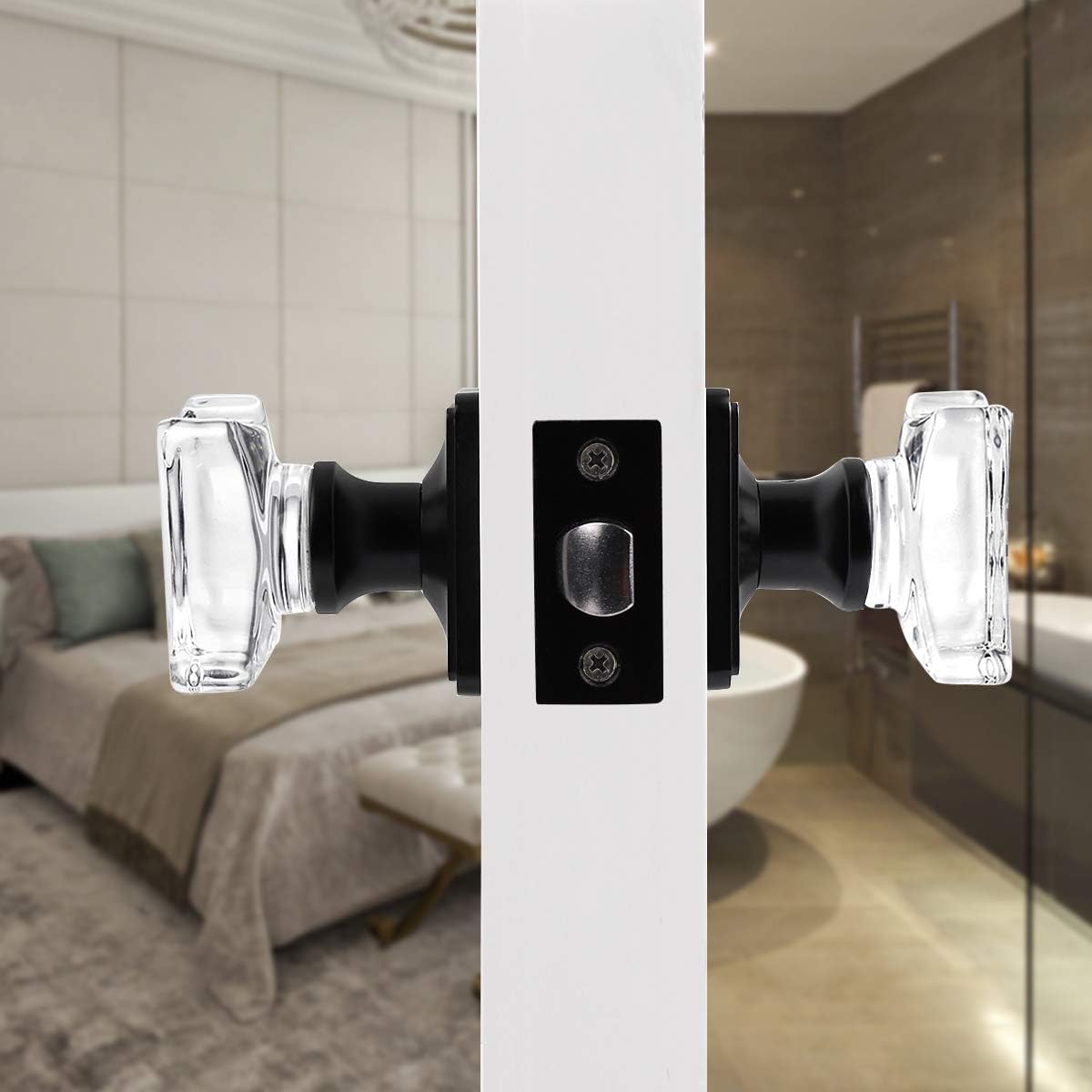 Super Sale 🛒 (6 Pack) Gobrico Crystal Door Hardware Square Diamond Passage Doorknobs Matte Black Clear Glass Interior Door Locks and Handles for Hallway Closet Storeroom
