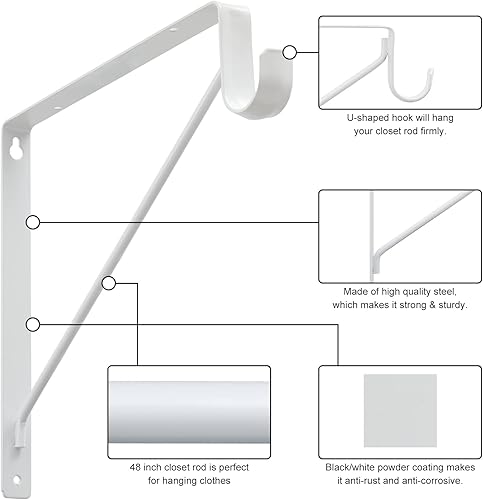 Miniatura 3 de Soportes de barra de armario con barra de 64 pulgadas, soportes de estante de armario resistentes con soporte para barra para almacenamiento de
