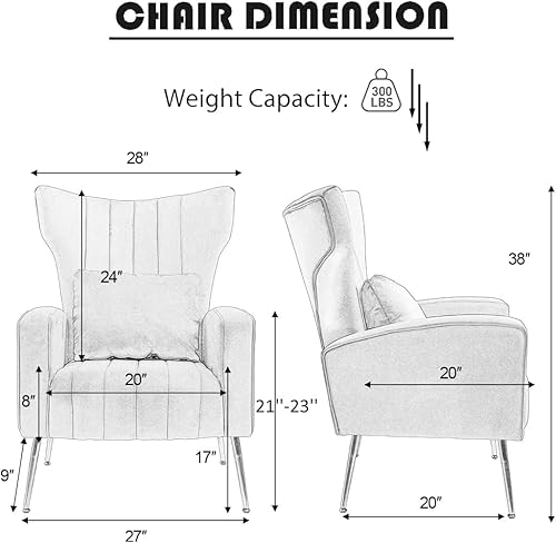 Miniatura 2 de Silla decorativa moderna de terciopelo con brazo y respaldo de ala, silla auxiliar para sala de estar y dormitorio con patas de metal dorado y