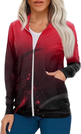 Scrub Jackets for Woman Zip Up Long Sleeve Tops Print Plus Size Womens Scrubs for Women Nursing Shirts with Pockets