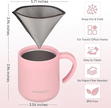 PATMOSEAL Cafetera con filtro sin papel, taza aislada al vacío con tapa a prueba de salpicaduras y asa 2 en 1 para oficina, hogar, viajes, campamento, 350 ml (rosa)1