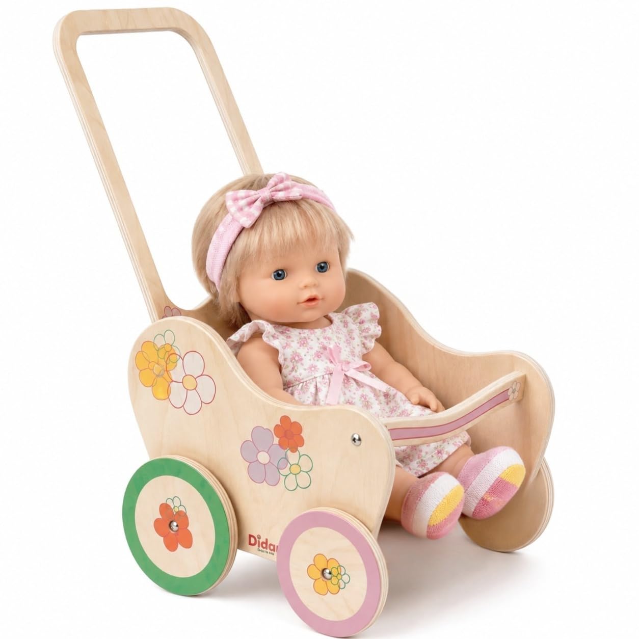 Dida Landau pour Poupées en Bois Motif Fleurs - Poussette pour Poupées jusqu'à 35 cm, Jouet de Rôle pour Enfants de 2 à 4 Ans, Parfait pour Les Petits Parents