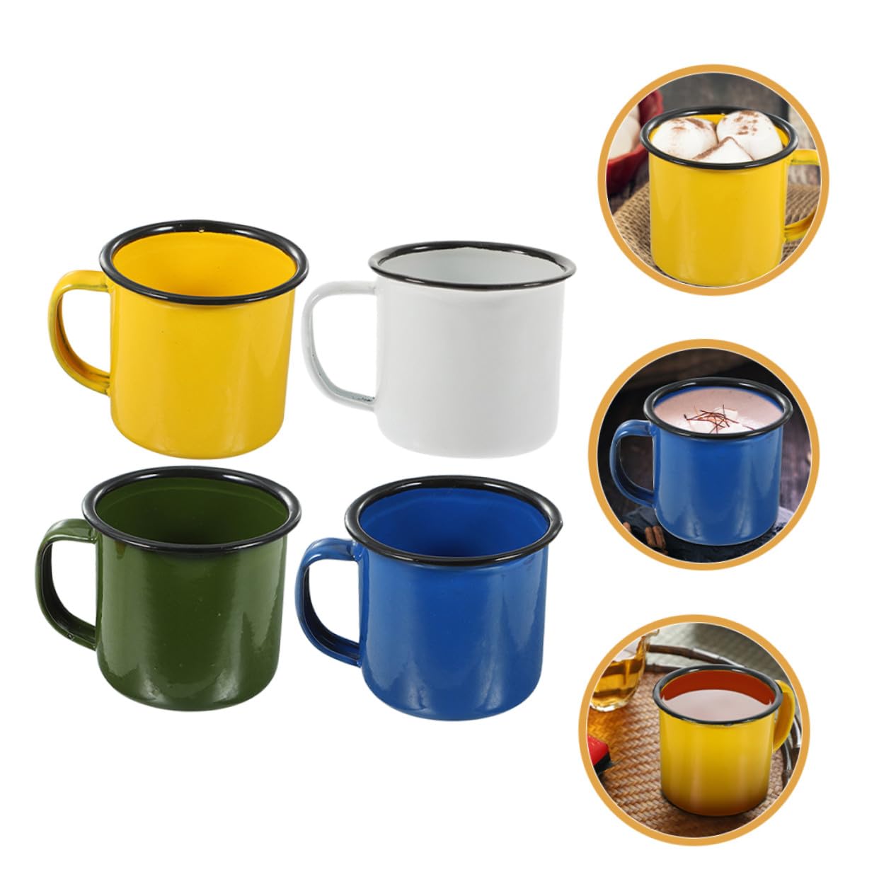 12 Stck. Teiliges Emaille Camping Tassen mit Henkel Robuste Vintage Kaffeebecher für Outdoor Picknick Wandern Vielseitige Trinkbecher aus Emaille in Weiß Gelb Blau Grün