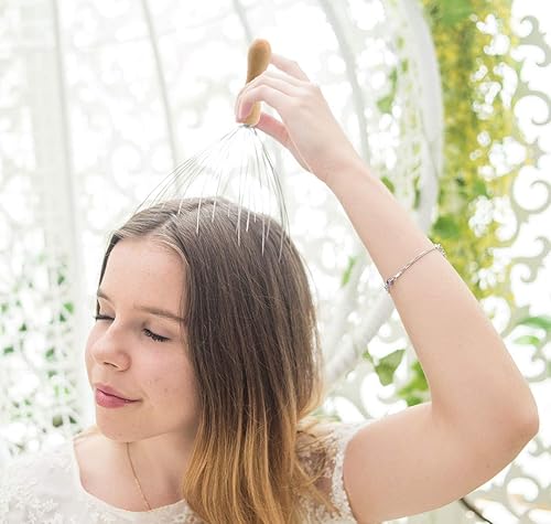 Miniatura 6 de USAGA Rascador de cabeza de 28 dedos, masajeador de cabeza, masajeador de cuero cabelludo para el cuero cabelludo y mango de madera relajante