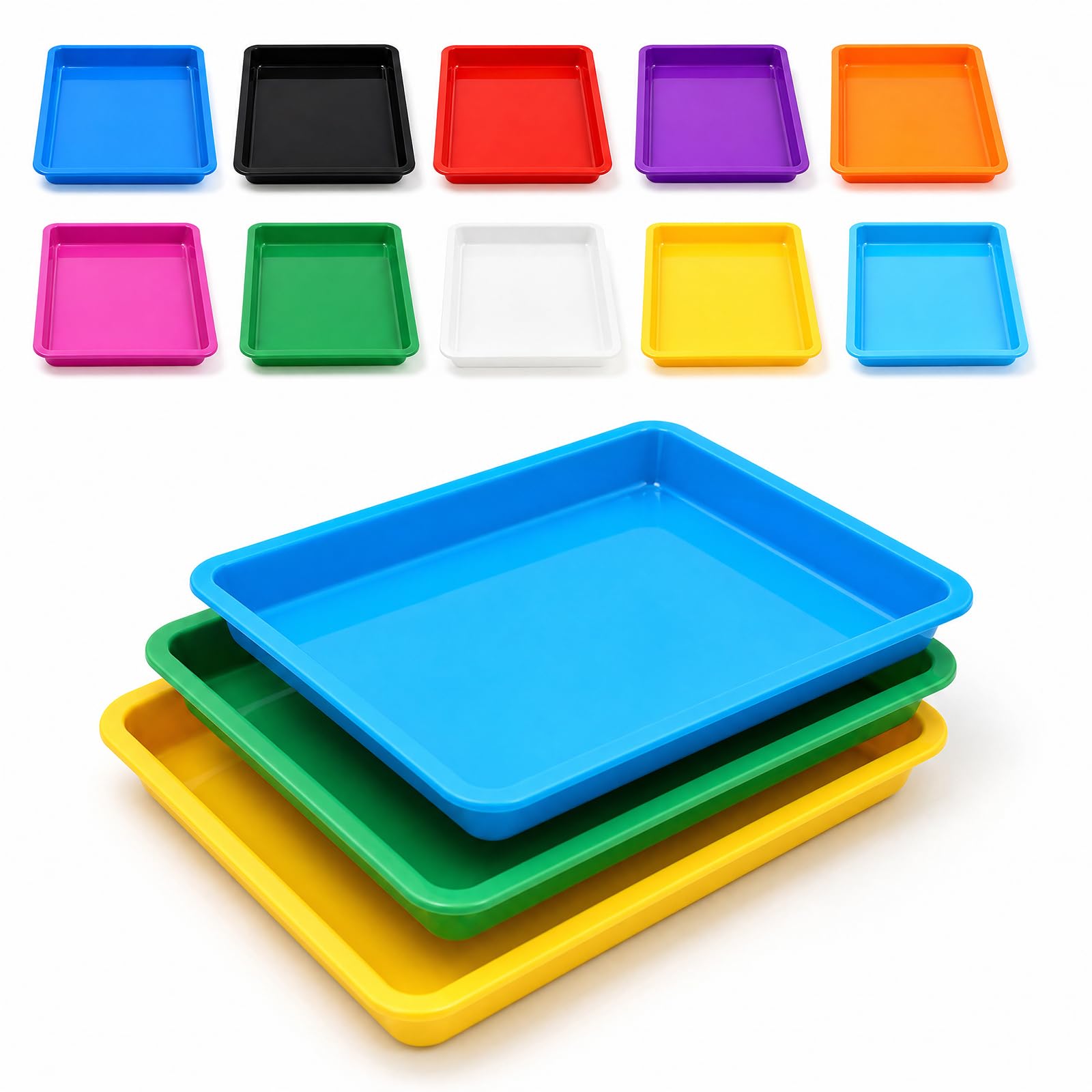 KASURE 10 PCS Plastic Trays, Multicolor Play Trays, 27.5×21.2cm Colourful Sensory Plastic Tray, Rectangular Crafts Organizer, Activity Messy Play Tray for Toys, Building Blocks, Painting, DIY Projects
