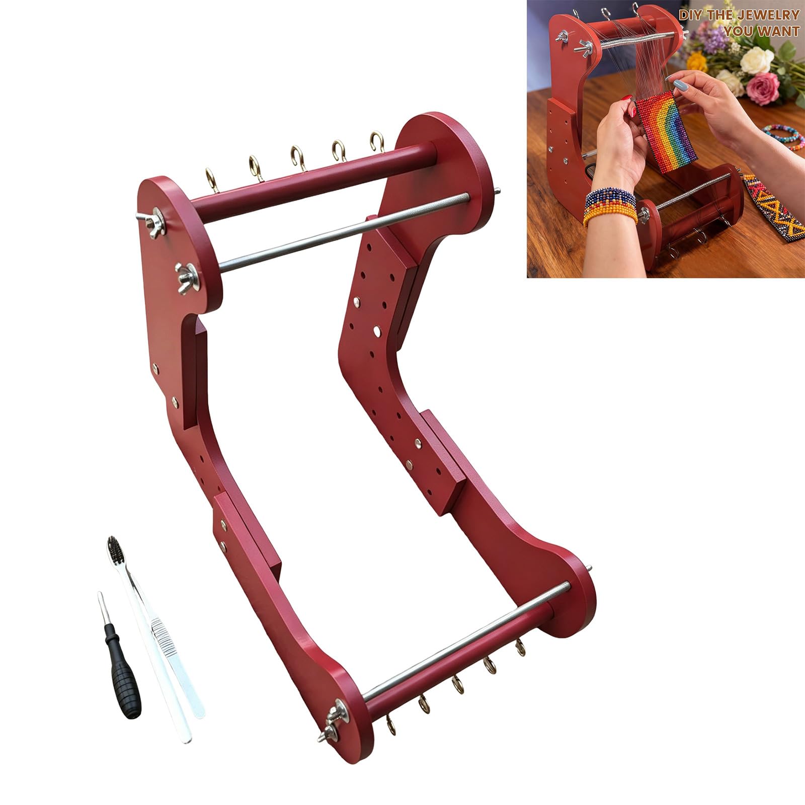 Marco de cuentas de joyería de madera con configuración de ajustable para encordar pulseras, tejer cuentas y trabajos artesanales Marco de tejido de cuentas ajustable Herramienta de encordar de