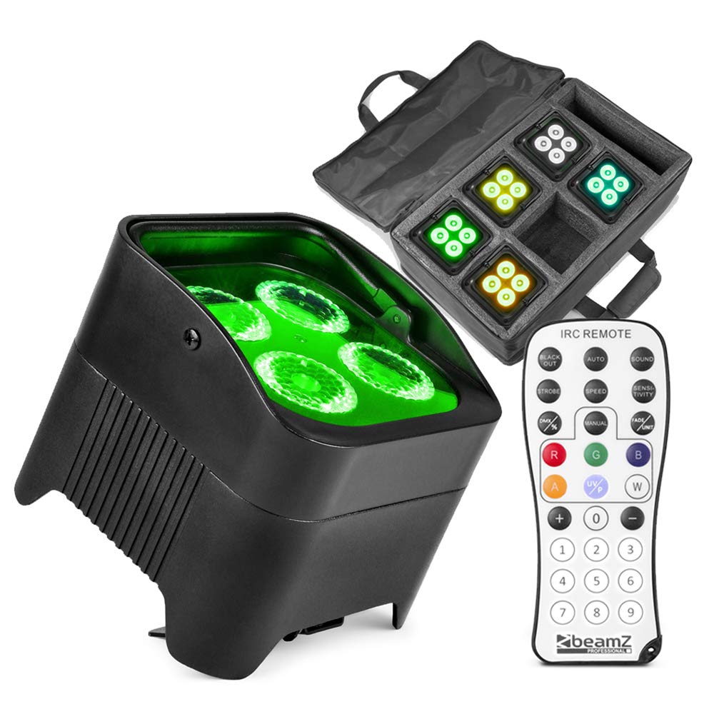BeamZ BBP94W Wireless Battery LED Par Uplighters Kit - 6X RGBAW-UV DMX Wall Wash Effect Lights with Remote Control & Protective Soft Carry Case