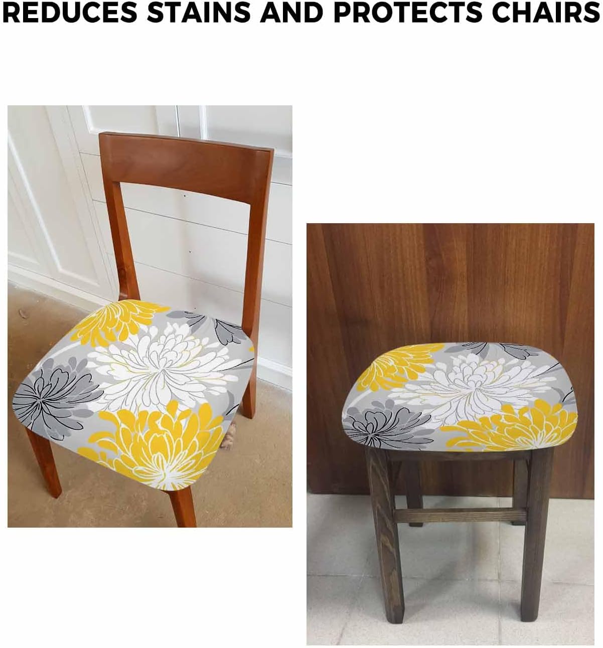Dining Room Chair Seat Cover Abstract Flowers on Gray Stretch Removable Chair Cushion Protector Washable Slipcovers for Home Kitchen Hotel Wedding Party Decor Watercolor Yellow White Flowers 4PCS