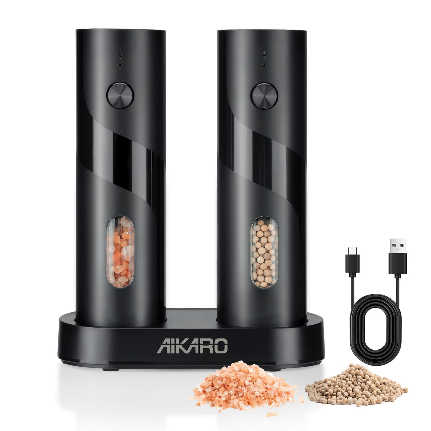 AIKARO - Moulin à sel et au poivre électrique Broyeur à épices automatique, Rechargeable (Ensemble)