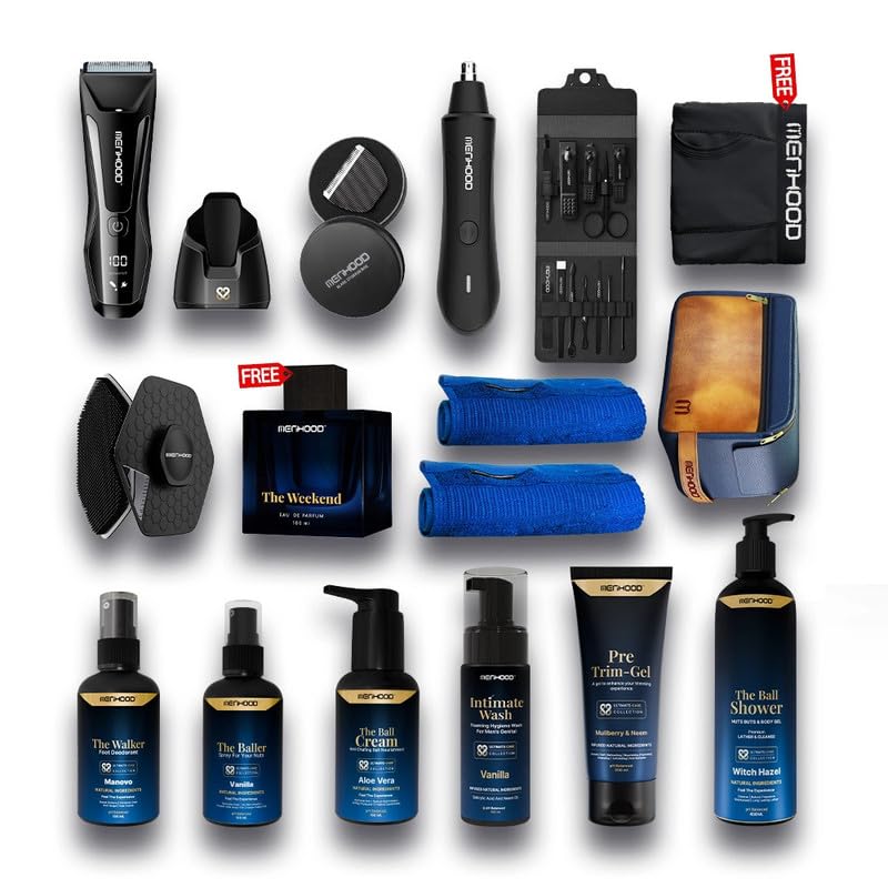 Image of Menhood Ballacious Pacakage 2.0-Trimmer 2.0,Baller,Pre Trim Gel,Nosar, Ball Shower,Ball Towel,Ball Cream,Travel Bag, Mancure Kit,Scoob,Walker,Intimate Wash, Perfume,Replacement Blade& Boxer Brief(XXL)