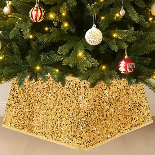 Festive Fix Gold Sequin Christmas Tree Skirt – Luxury 4-Panel Foldable Xmas Tree Base Cover for Artificial & Real Trees – Elegant Gold Christmas Tree Skirt & Stand Bottom Cover for Festive Décor