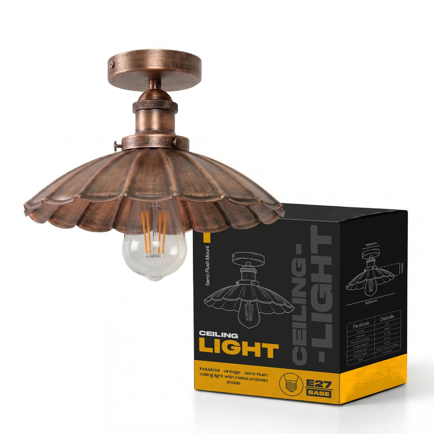 LEDSone Industrial-Semi Flush Mount Ceiling Light E27 Base Metal 22cm Umbrella Shape Brushed Copper Lamp Shade Lighting Fixture for Living Room Dining Room