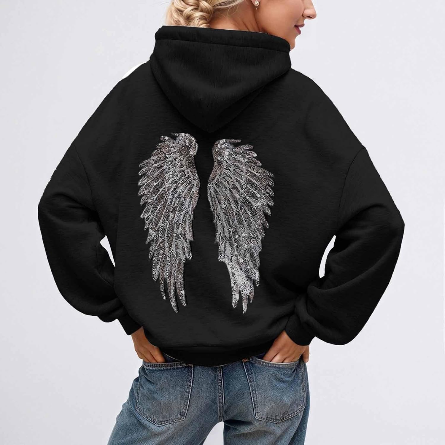 Cute Hoodies For Teen Girls - Black And Silver Rhinestone Angel Hooded Sweatshirts Women Oversized Hoodie