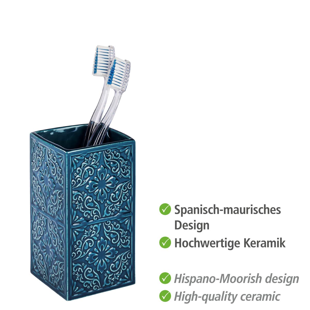 WENKO kubek Cordoba niebieski uchwyt na szczoteczkę do zębów i pastę do zębów, ceramiczny, 6,5 x 6,5 x 12 cm
