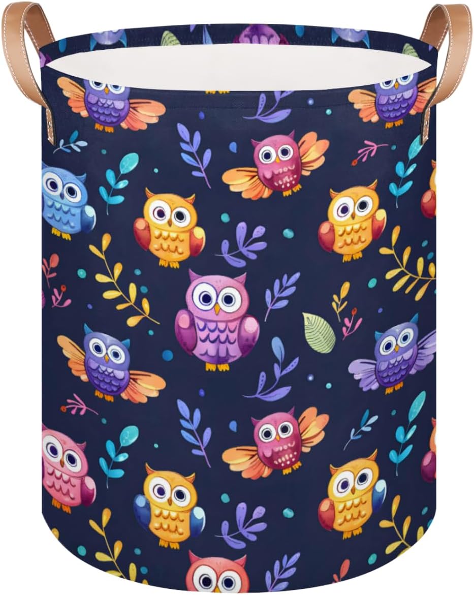 Laundry Hamper Purple Owl Large Collapsible Laundry Baskets Waterproof Clothes Hamper with Leather Handles for Bedroom, Bathroom, Dorm, Toys